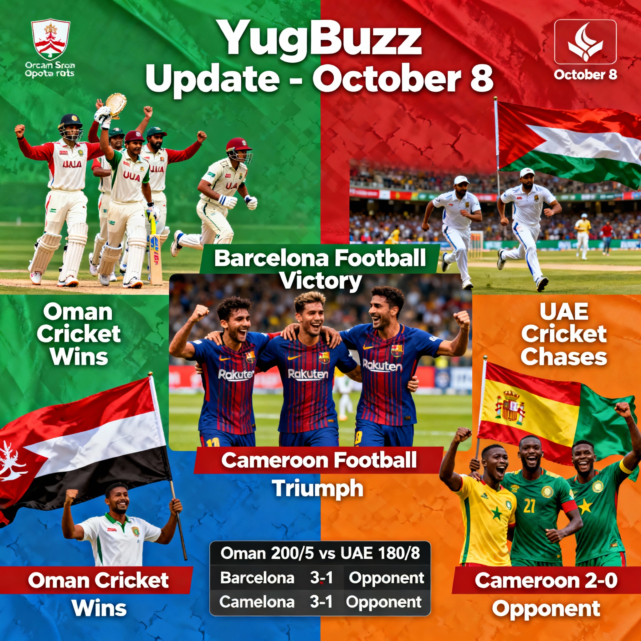 October 2025 Sports Scorecard: Oman vs Samoa, Qatar vs UAE, Barcelona vs Bayern, and Cameroon vs Mauritius Results